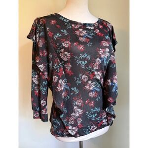 Free People Floral Ruffle boho whimsi dainty red Long Sleeve Top Black Red XS
